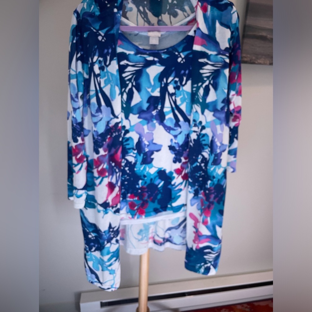 Chicos Colorful Tropical  Blue and Purple Knit Top Matching Sweater Sz2